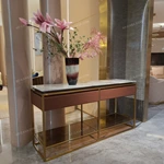 White Marble Console Table with Ribbed Rose Leather Drawers and Gold-Tone Frame